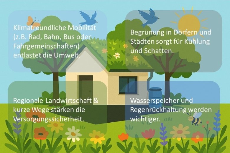 Illustration eines Hauses mit Bäumen, Blumen und Sonne. Textinhalte zu Klimaanpassung: klimafreundliche Mobilität entlastet die Umwelt; Begrünung sorgt für Kühlung und Schatten; regionale Landwirtschaft und kurze Wege stärken die Versorgung; Wasserspeicher und Regenrückhaltung werden wichtiger.