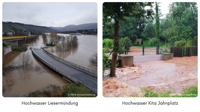 Zweiteiliges Hochwasserbild im Landkreis Bernkastel-Wittlich. Links: überflutete Straße und Uferbereiche an der Liesermündung. Rechts: überfluteter Außenbereich der Kita Jahnplatz mit starkem, schlammigem Wasserabfluss. Beide Bilder zeigen die Auswirkungen von Starkregen und Hochwasserereignissen.
