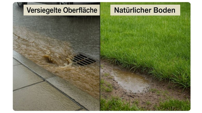 Zweiteilige Bilddarstellung: links strömt braunes Regenwasser über eine versiegelte Fläche in einen Gully; rechts sammelt sich Regenwasser im natürlichen Boden einer Rasenfläche. Der Text über den Bildern lautet „Versiegelte Oberfläche“ und „Natürlicher Boden“ und verdeutlicht den Unterschied im Wasserabfluss und der Versickerung.