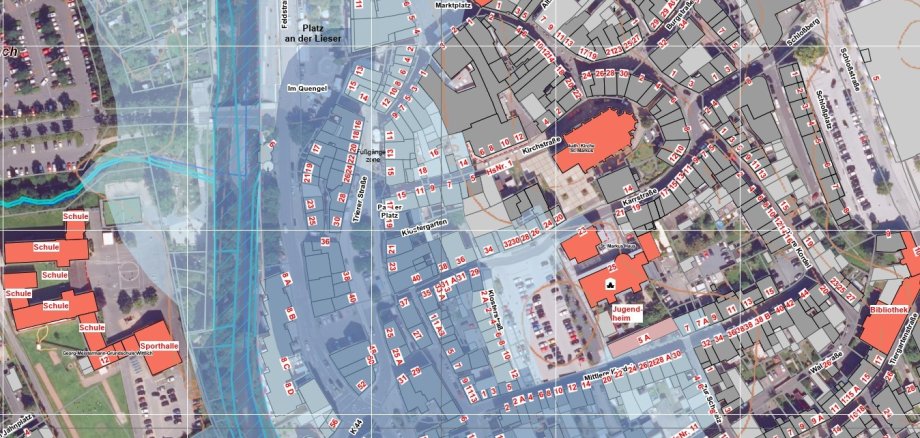 Karte der Innenstadt Wittlich mit Überschwemmungslinien