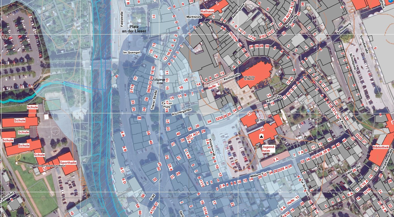 Karte der Innenstadt Wittlich mit Überschwemmungslinien